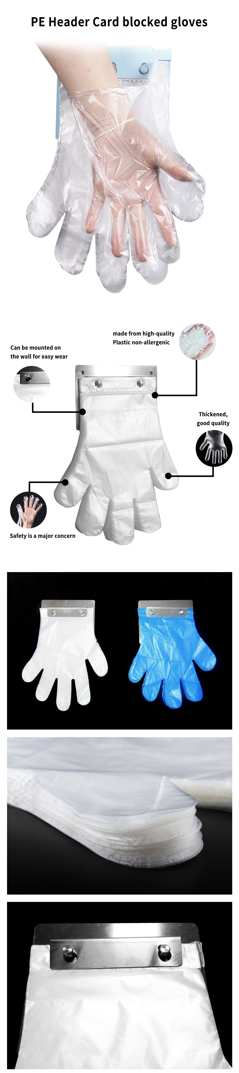 Disposable PE Gloves with Hanging Header Card Blocked Gloves for Kitchen Gas Station